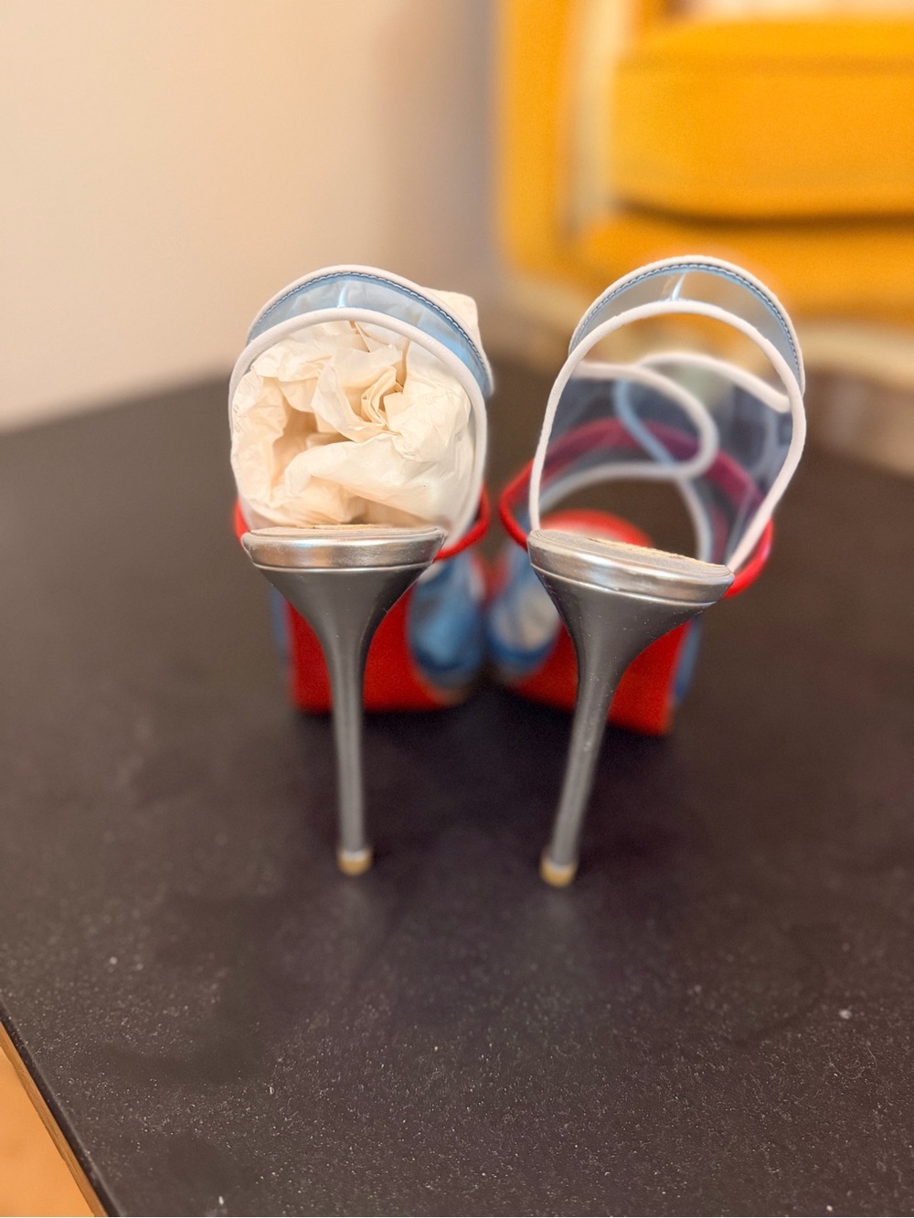 Christian Louboutin Light Blue Leather Heels with Red Straps - Picture 3 of 4